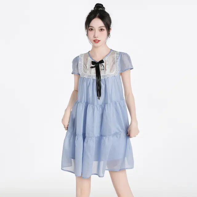甜美蕾丝拼接蝴蝶结圆领泡泡袖公主裙短袖连衣裙 女款 蓝色