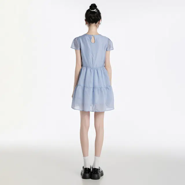 甜美蕾丝拼接蝴蝶结圆领泡泡袖公主裙短袖连衣裙 女款 蓝色