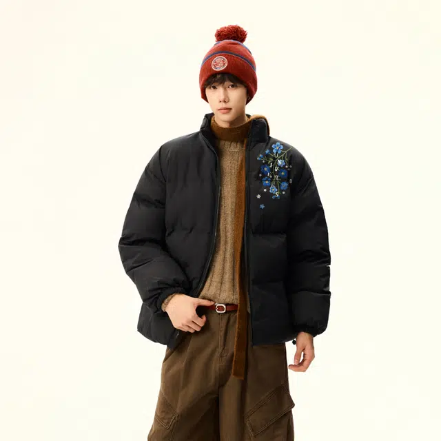 物质公式 鸭绒美式复古高街仿刺绣植物花卉无限循环字母印花小众设计无帽潮流宽松百搭休闲户外通勤加厚保暖御寒不臃肿面包羽绒服 男女同款