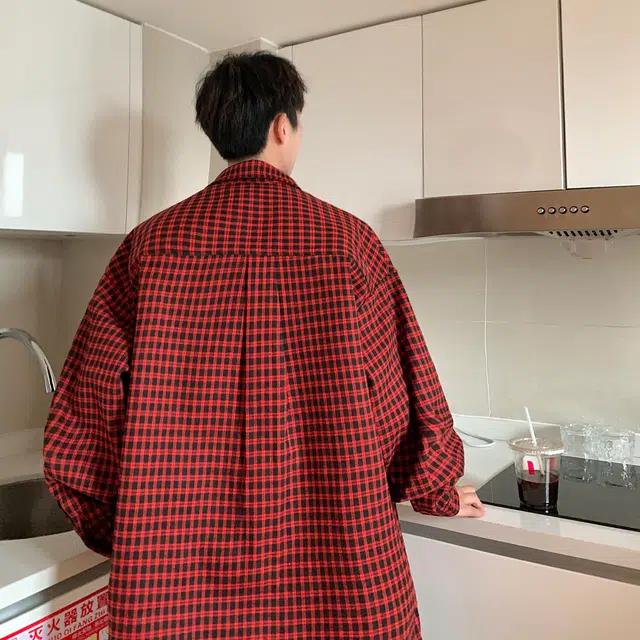 物质公式 美式潮流格子简约基础款翻领垂感百搭通勤单排扣休闲宽松简约长袖衬衫 男女同款