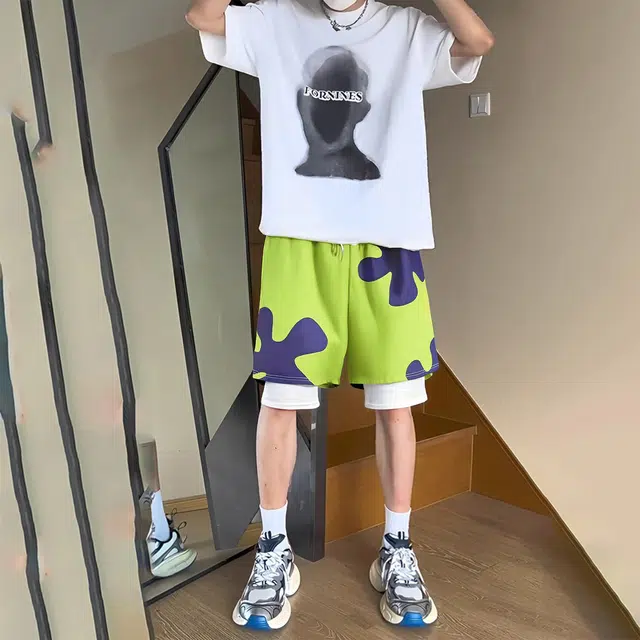 物质公式 美式高街复古卡通人物派星假两件凉感舒适柔软宽松时尚休闲百搭潮流日常通勤跑步健身运动透气小众潮流速干短裤篮球裤 男女同款