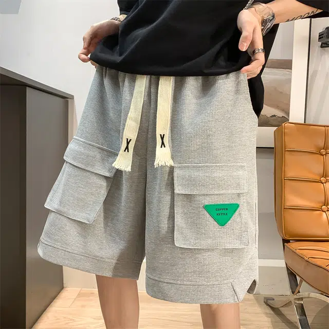 物质公式 美式复古高街华夫格大口袋标志设计潮牌系带宽松百搭五分裤舒适透气吸湿排汗凉感速干直筒痞帅潮流时尚个性工装短裤 男女同款