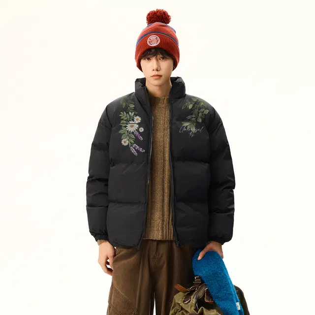 物质公式 鸭绒美式复古高街仿刺绣植物花卉字母印花设计感小众无帽潮流宽松百搭休闲户外通勤加厚保暖锁温御寒不臃肿面包服羽绒服 男女同款