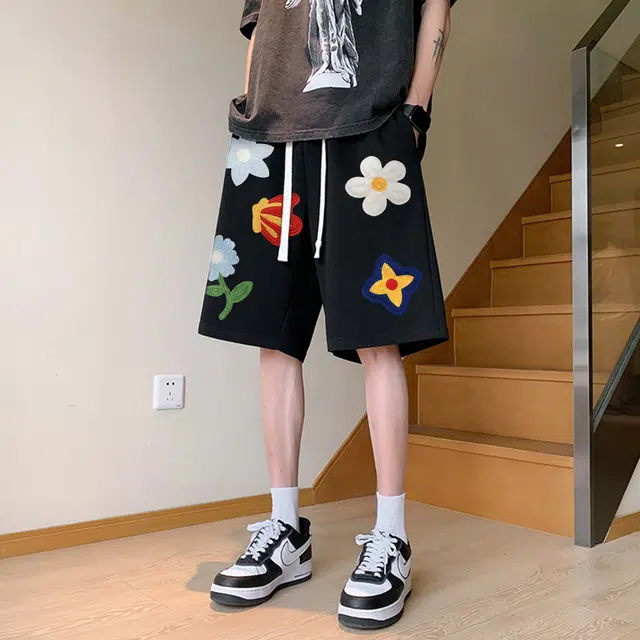 轻迎 美式高街复古重磅五分裤仿刺绣毛线趣味植物花卉印花设计百搭系带针织透气学生党简约日系冰丝凉感跑步篮球运动休闲短裤 男女同款