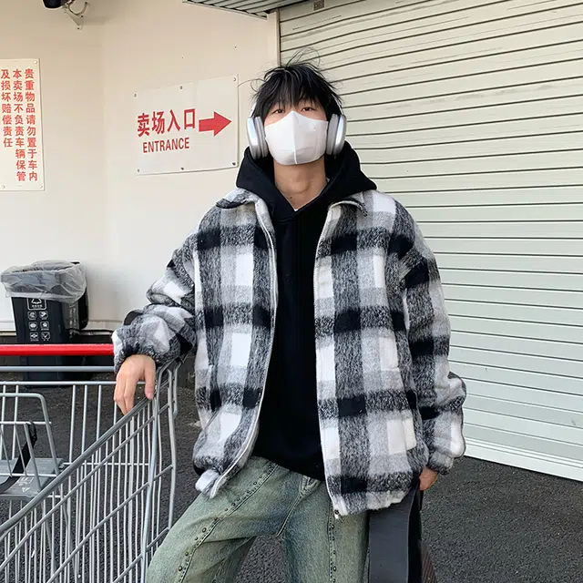 物质公式 美式高街复古加厚羊羔绒保暖舒适格子扎染痞帅嘻哈趣味长袖棉衣外套休闲宽松百搭小香风落肩垂感翻领棉服 男女同款