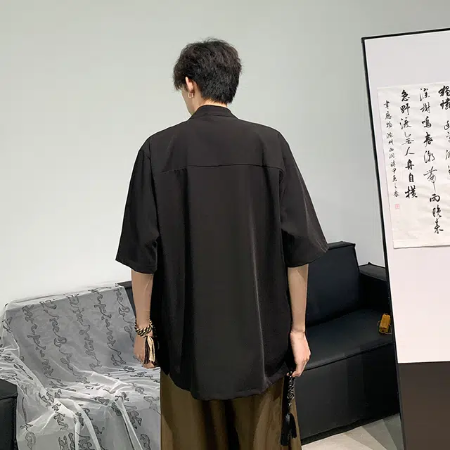 物质公式 国风新中式盘扣唐装冰丝凉感丝滑亲肤翠竹万针刺绣设计感慵懒风垂感宽松百搭显瘦简约透气薄款翻领潮流休闲短袖衬衫 男女同款