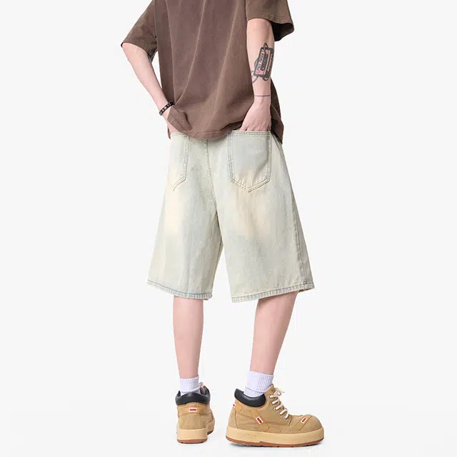 物质公式 美式复古高街嘻哈水洗做旧宽松休闲直筒五分裤夏季日常通勤无性别主义牛仔短裤 男女同款