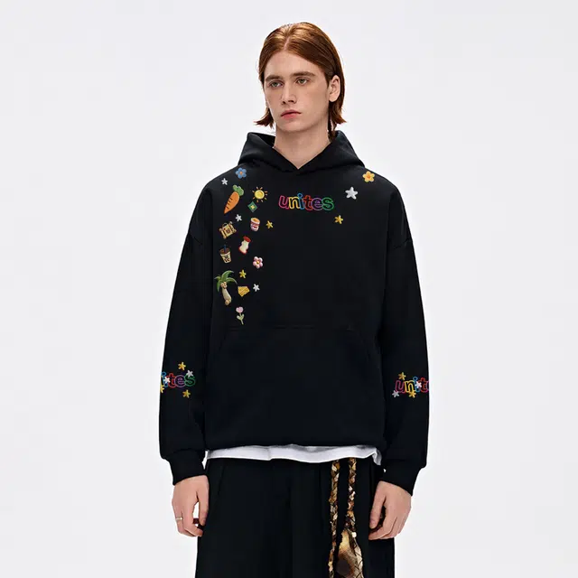 物质公式 重磅质感美式复古高街仿万针刺绣趣味可爱图案品牌字母印花设计感潮流时尚宽松简约日常通勤休闲百搭长袖连帽卫衣针织衫 男女同款