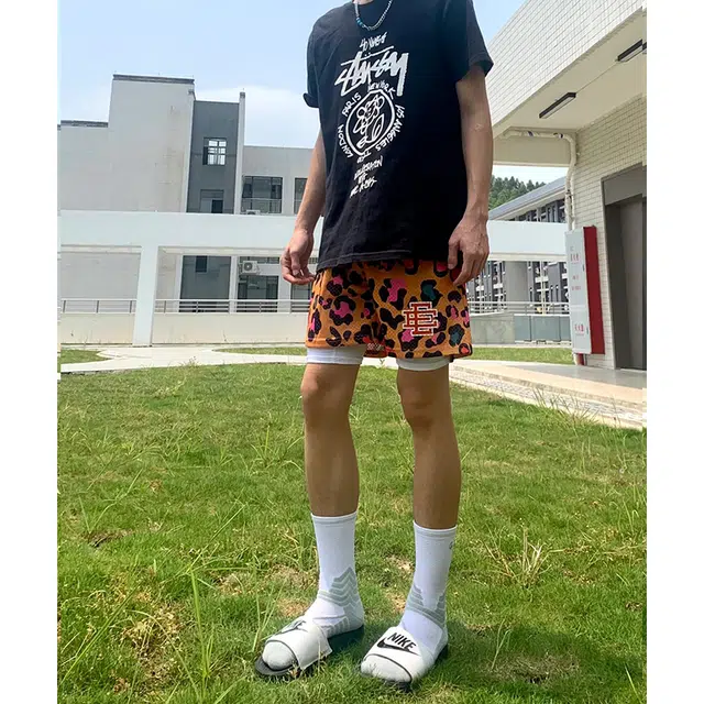 物质公式 美式复古高街网眼豹纹假两件宽松百搭速干三分短裤舒适透气吸湿排汗街头嘻哈户外运动健身跑步潮流时尚个性篮球裤 男女同款