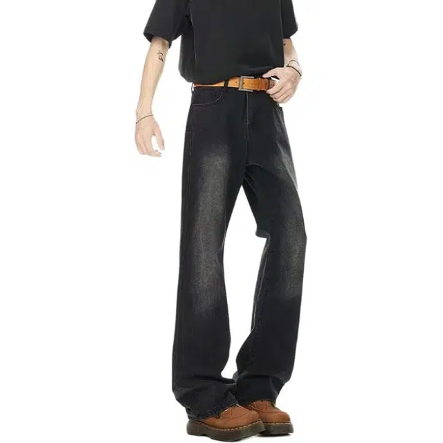 物质公式 微喇美式高街复古黄泥染废土风中腰无性别主义窄版宽松水洗做旧显高微弹柔软不硬日常百搭通勤休闲直筒牛仔裤 男女同款