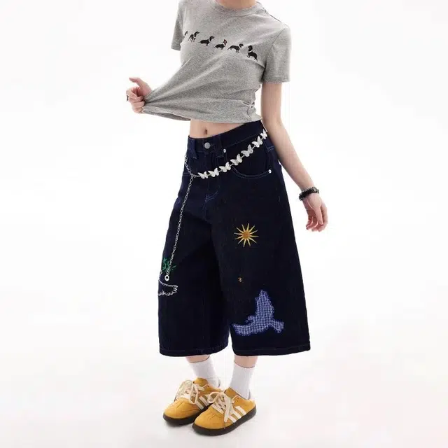 物质公式 万针刺绣美式高街复古潮牌格子贴布绣趣味图案设计感无性别主义潮流宽松百搭纯色基础款简约阔腿直筒七分牛仔短裤 男女同款