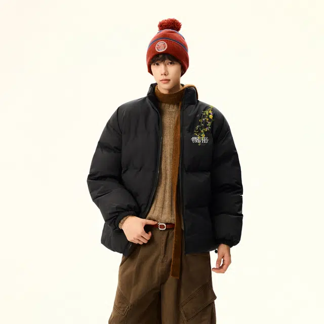 物质公式 鸭绒美式复古高街仿万针刺绣植物花卉无限循环字母印花小众无帽潮流宽松百搭休闲户外通勤加厚保暖锁温御寒面包服羽绒服 男女同款