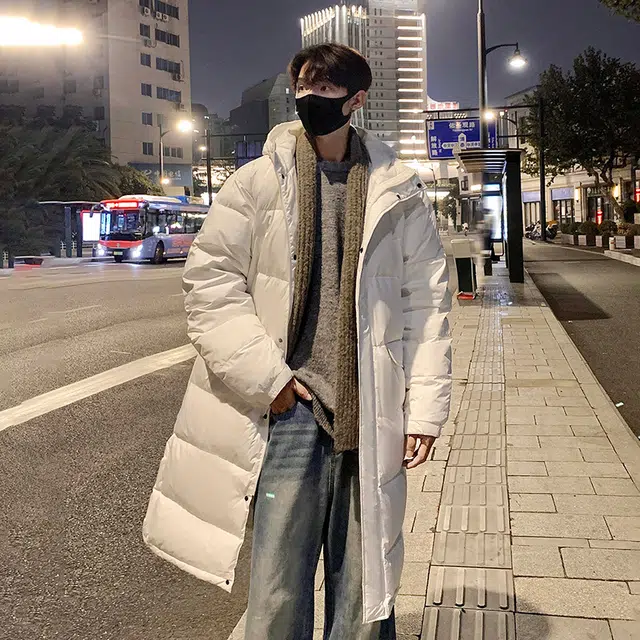 物质公式 韩版简约时尚保暖锁温抗寒长款过膝面包美式高街复古纯色基础款宽松休闲落肩长袖羽绒服 男女同款