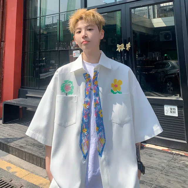 物质公式 潮牌美式高街复古创意设计感蜡笔手绘领带趣味几何图案学院风透气凉感潮流方领宽松简约休闲百搭短袖衬衫 男女同款