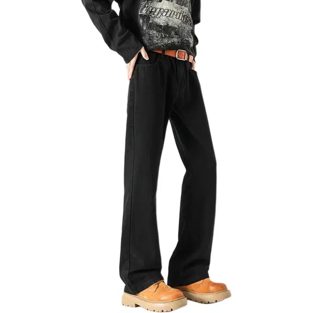 物质公式 巴黎微喇弯刀裤美式高街复古做旧水洗废土风纯色黑色基础款宽松百搭休闲直筒阔腿垂感弹力显瘦窄版薄款凉感烟灰色牛仔裤 男女同款