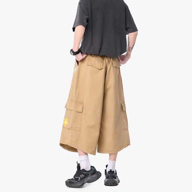 物质公式 美式高街潮流嘻哈水洗做旧复古花朵刺绣印花休闲百搭大口袋设计感工装七分欧若风宽松舒适牛仔短裤 男女同款