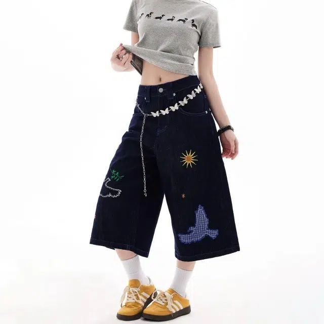 物质公式 万针刺绣美式高街复古潮牌格子贴布绣趣味图案设计感无性别主义潮流宽松百搭纯色基础款简约阔腿直筒七分牛仔短裤 男女同款