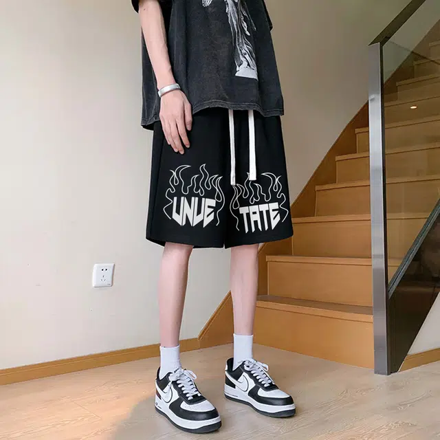 物质公式 潮牌美式高街复古创意火焰字母印花抽绳运动基础款无性别穿搭短裤户外跑步休闲宽松百搭系带五分裤篮球裤 男女同款