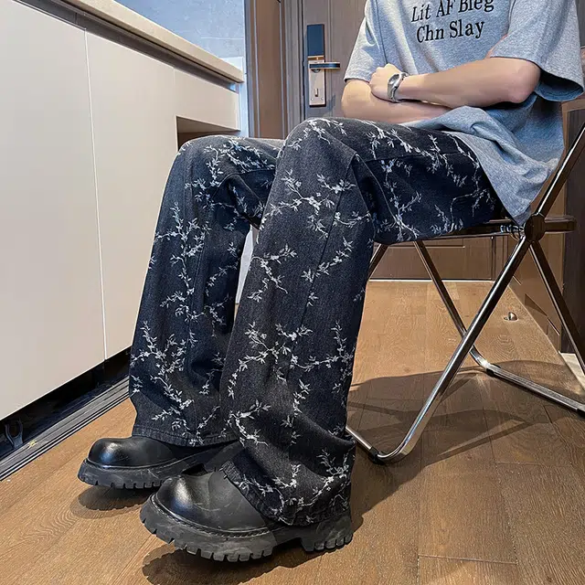 物质公式 潮牌美式高街复古满印提花拼接结构款宽松百搭休闲基础款痞帅潮流炸街日常通勤垂感水洗做旧阔腿直筒牛仔裤 男女同款