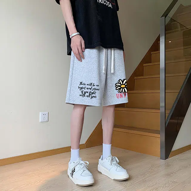 物质公式 潮牌创意卡通趣味向日葵图案字母印花美式高街复古抽绳运动基础款无性别穿搭短裤户外跑步休闲宽松百搭系带五分裤篮球裤 男女同款
