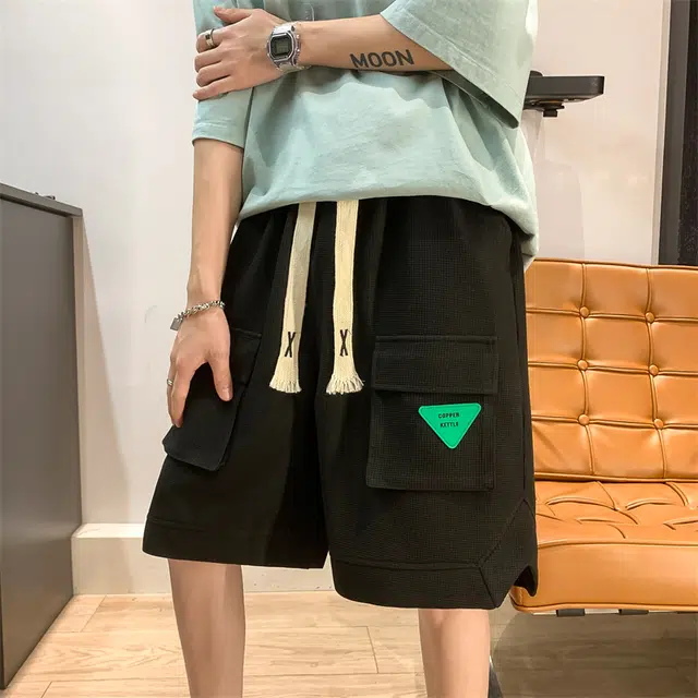 物质公式 美式复古高街华夫格大口袋标志设计潮牌系带宽松百搭五分裤舒适透气吸湿排汗凉感速干直筒痞帅潮流时尚个性工装短裤 男女同款