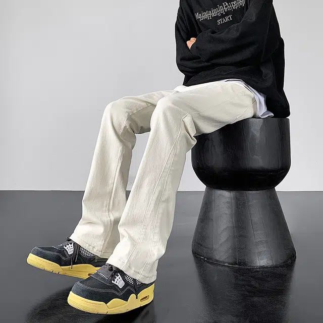 物质公式 美式复古高街纯色水洗做旧基础款中腰宽松弹力修身显瘦百搭垂感黄泥染微喇直筒分割线拼接牛仔裤 男女同款