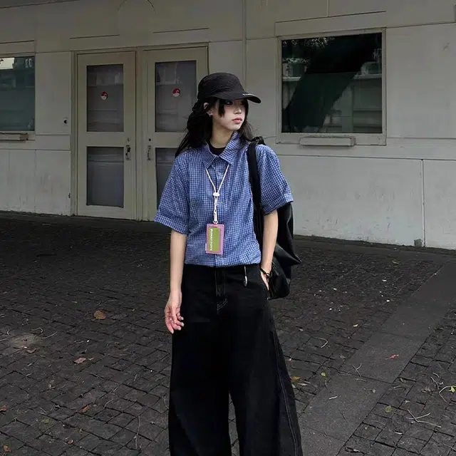 物质公式 潮牌美式复古简约格纹休闲宽松美拉德风少年感无性别高街潮流宽松落肩领口翻领单排扣休闲百搭短袖衬衫 男女同款