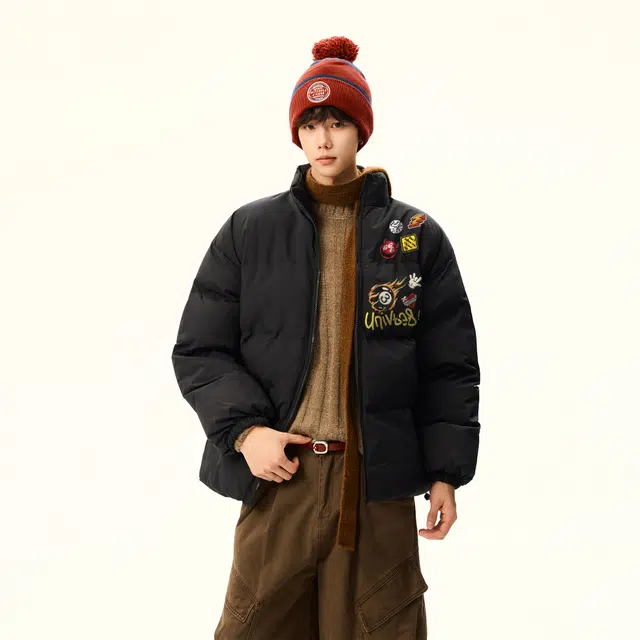 物质公式 鸭绒美式复古高街仿刺绣火焰徽章骷髅头字母印花小众设计无帽潮流宽松百搭休闲户外通勤加厚保暖御寒不臃肿面包服羽绒服 男女同款