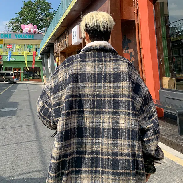 物质公式 简约翻领格子条纹大口袋加厚保暖休闲机能宽松百搭潮流学院风防风抗寒面包时尚舒适棉服 男女同款