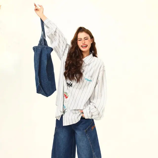 物质公式 美式高街复古多彩格纹刺绣撞色单排扣宽松百搭趣味图案花卉植物日系简约翻领学院风日常通勤翻领凉感慵懒风衬衫 男女同款 白色