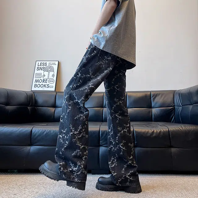 物质公式 潮牌美式高街复古满印提花拼接结构款宽松百搭休闲基础款痞帅潮流炸街日常通勤垂感水洗做旧阔腿直筒牛仔裤 男女同款