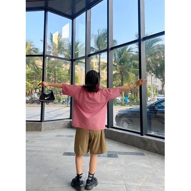 物质公式 美式复古高街水洗扎染领带口袋设计宽松百搭小众时尚半袖衬衣舒适透气轻薄痞帅街头嘻哈高级感短袖衬衫 男女同款
