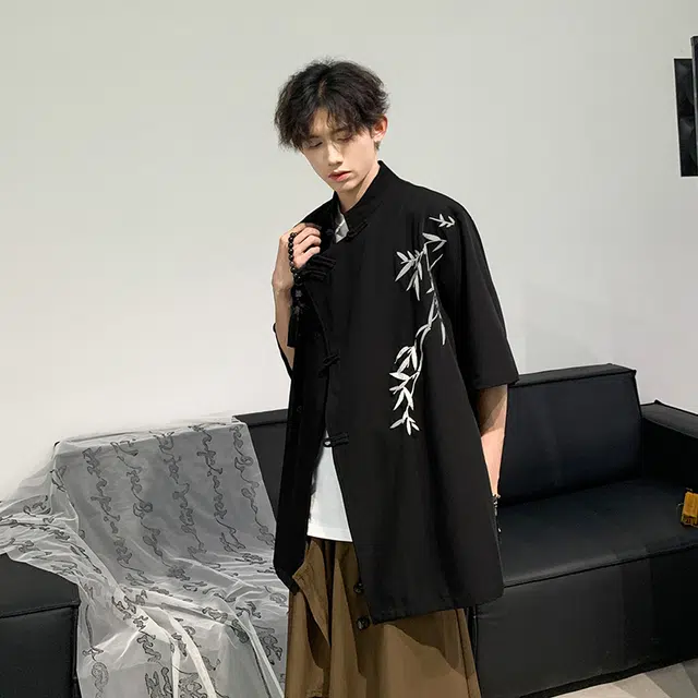 物质公式 国风新中式盘扣唐装冰丝凉感丝滑亲肤翠竹万针刺绣设计感慵懒风垂感宽松百搭显瘦简约透气薄款翻领潮流休闲短袖衬衫 男女同款
