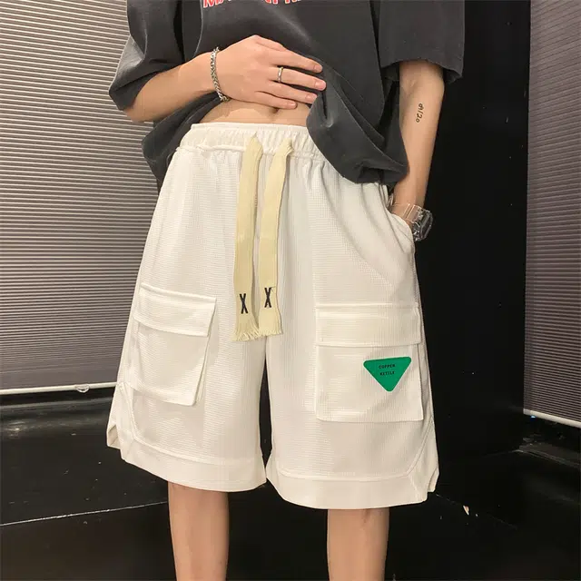 物质公式 美式复古高街华夫格大口袋标志设计潮牌系带宽松百搭五分裤舒适透气吸湿排汗凉感速干直筒痞帅潮流时尚个性工装短裤 男女同款