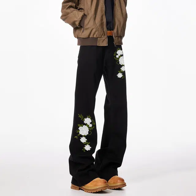 物质公式 微喇仿万针刺绣植物花卉图案印花美式复古高街水洗做旧废土风炸街窄版高腰显瘦修身白色通勤垂感阔腿直筒牛仔裤 男女同款