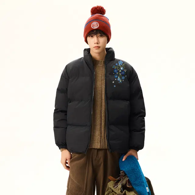 物质公式 鸭绒美式复古高街仿刺绣植物花卉无限循环字母印花小众设计无帽潮流宽松百搭休闲户外通勤加厚保暖御寒不臃肿面包羽绒服 男女同款
