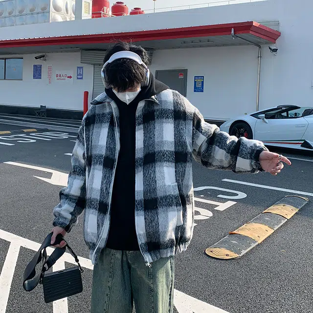 物质公式 美式高街复古加厚羊羔绒保暖舒适格子扎染痞帅嘻哈趣味长袖棉衣外套休闲宽松百搭小香风落肩垂感翻领棉服 男女同款