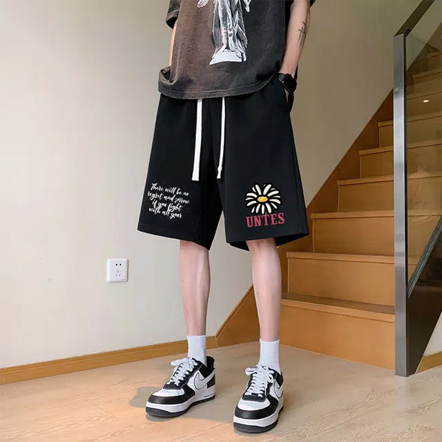 物质公式 潮牌创意卡通趣味向日葵图案字母印花美式高街复古抽绳运动基础款无性别穿搭短裤户外跑步休闲宽松百搭系带五分裤篮球裤 男女同款
