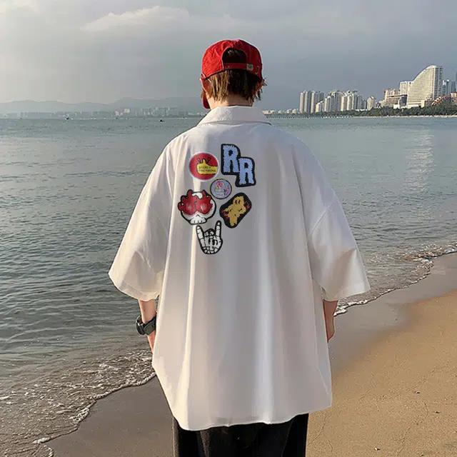 物质公式 美式复古高街重磅字母徽章仿刺绣印花宽松百搭大码松弛感舒适透气运动吸湿排汗嘻哈痞帅冰丝凉感短袖衬衫 男女同款