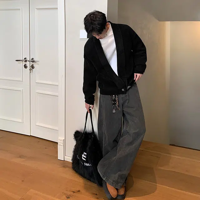 物质公式 日系简约休闲经典老钱风美式高街复古舒适亲肤柔软纯色基础款宽松百搭日常通勤开衫一粒扣内搭外穿长袖慵懒风针织衫外套 男女同款