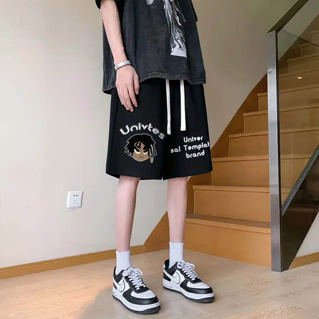 物质公式 潮牌美式高街复古创意卡通动漫图案字母印花抽绳运动基础款无性别穿搭短裤户外跑步休闲宽松百搭系带五分裤篮球裤 男女同款
