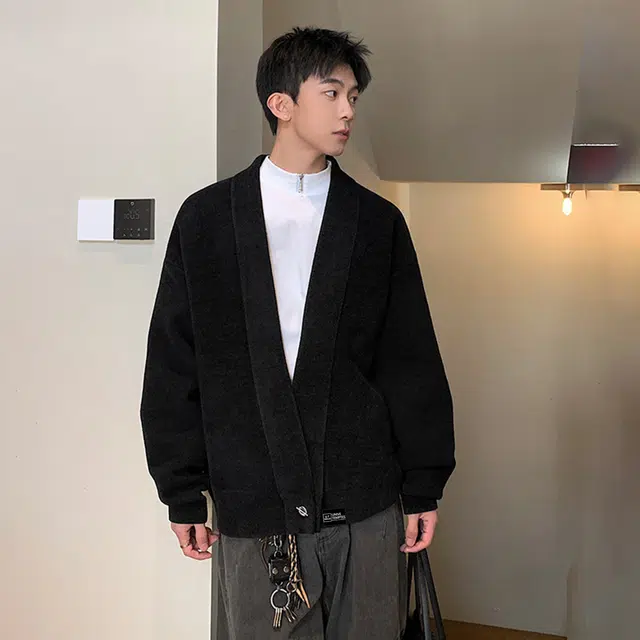 物质公式 日系简约休闲经典老钱风美式高街复古舒适亲肤柔软纯色基础款宽松百搭日常通勤开衫一粒扣内搭外穿长袖慵懒风针织衫外套 男女同款