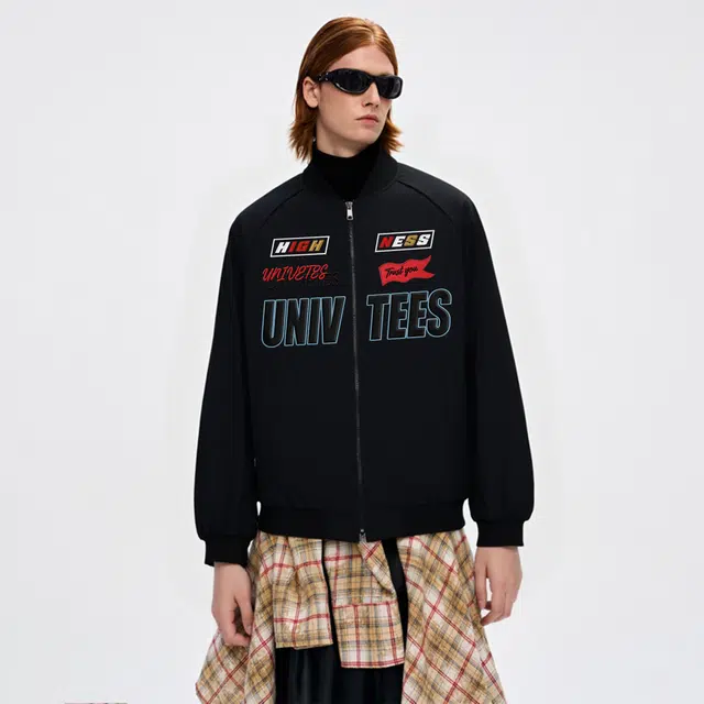 物质公式 潮牌重磅美式复古高街手绘趣味仿万针刺绣徽章字母印花设计感宽松耐磨户外运动轻便教练服潮流飞行员棒球领夹克外套 男女同款