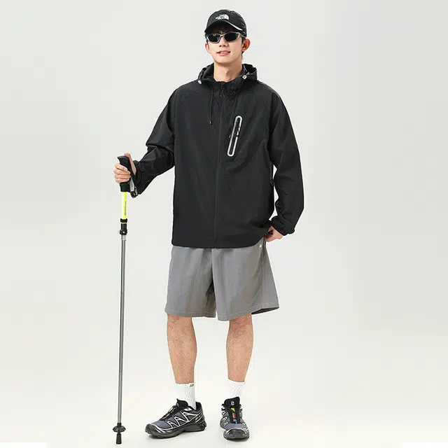 物质公式 高街美式复古百搭休闲时尚舒适超轻透气常规宽松纯色条纹连帽拉链直筒薄款长袖防晒服 男女同款
