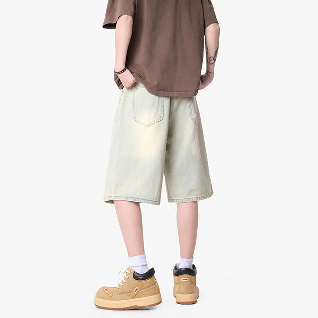 物质公式 美式复古高街嘻哈水洗做旧宽松休闲直筒五分裤夏季日常通勤无性别主义牛仔短裤 男女同款