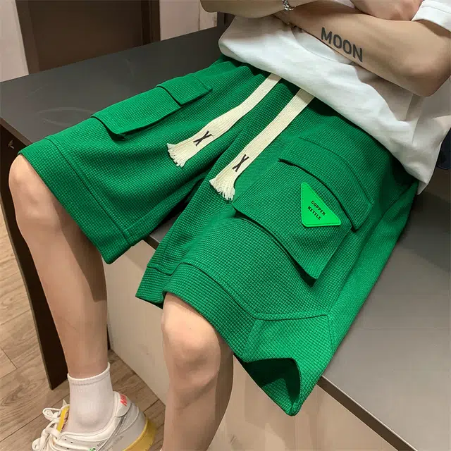 物质公式 美式复古高街华夫格大口袋标志设计潮牌系带宽松百搭五分裤舒适透气吸湿排汗凉感速干直筒痞帅潮流时尚个性工装短裤 男女同款