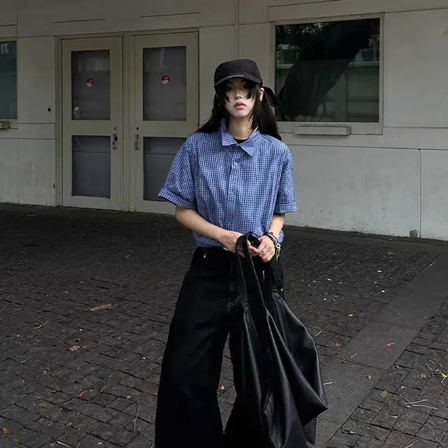 物质公式 潮牌美式复古简约格纹休闲宽松美拉德风少年感无性别高街潮流宽松落肩领口翻领单排扣休闲百搭短袖衬衫 男女同款