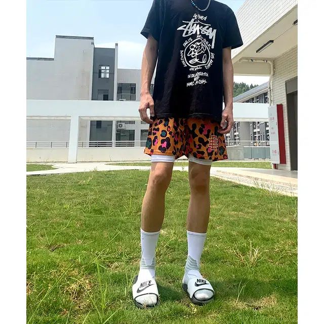 物质公式 美式复古高街网眼豹纹假两件宽松百搭速干三分短裤舒适透气吸湿排汗街头嘻哈户外运动健身跑步潮流时尚个性篮球裤 男女同款
