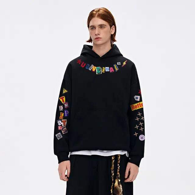 物质公式 重磅潮牌美式复古高街趣味几何图案闪电品牌字母印花设计潮流时尚质感宽松简约日常通勤休闲百搭长袖连帽卫衣针织衫 男女同款