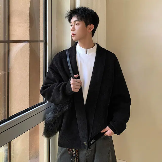 物质公式 日系简约休闲经典老钱风美式高街复古舒适亲肤柔软纯色基础款宽松百搭日常通勤开衫一粒扣内搭外穿长袖慵懒风针织衫外套 男女同款